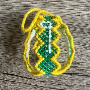 Vintage Handcrafted Yellow Green Yarn Sewn Egg Basket Easter Holiday Ornament
